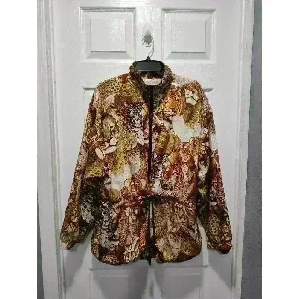 Solare Sporta Vintage 90s Big‎ Cat Safari Jungle Print Bomber Jacket Size XLarge